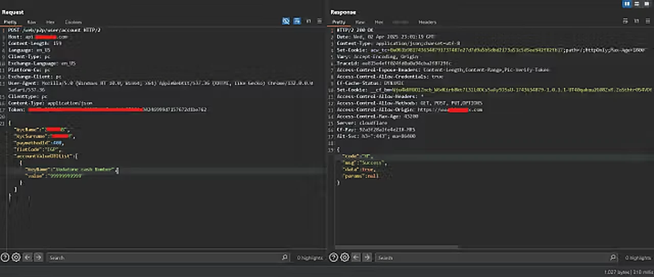 Adding an attacker-controlled payment method to the victim's account — the OTP challenge is skipped because the backend never validates it, and the server responds with "Success".