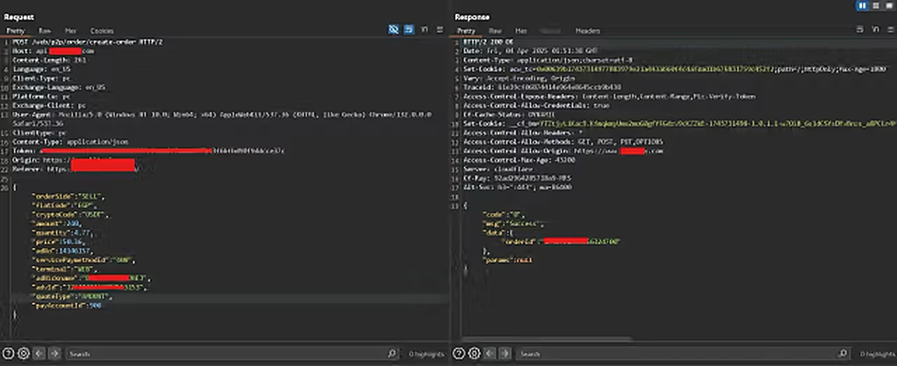 Creating a sell order from the victim's account (orderSide: SELL, cryptoCode: USDT), with the attacker's own payout account attached.