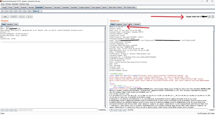 Sending the request to the origin IP with `Host: target.com` returns the full application — and the response carries no Cloudflare headers, so the WAF is completely out of the path.