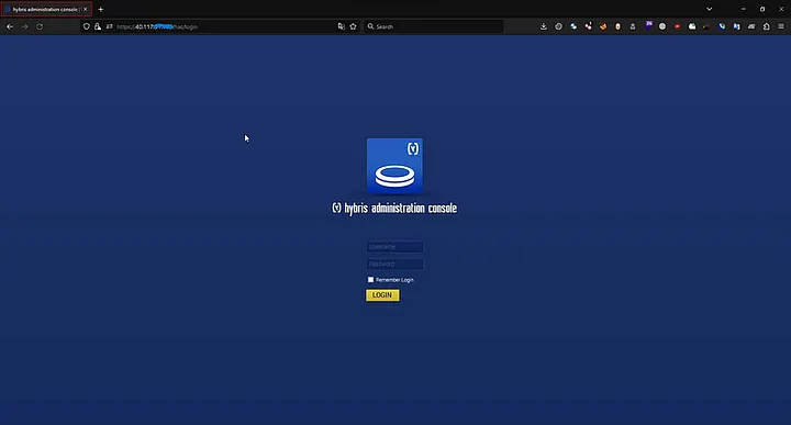 The exposed HAC (Hybris Administration Console) login at /hac/login — SAP Commerce's admin panel, sitting on the public internet.