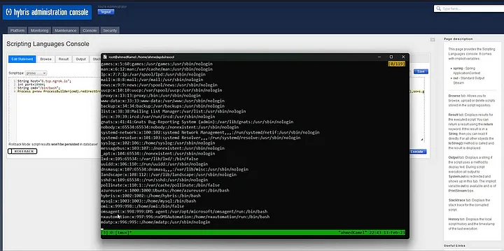 Executing system commands through the console to achieve RCE — here enumerating the server's accounts from /etc/passwd.